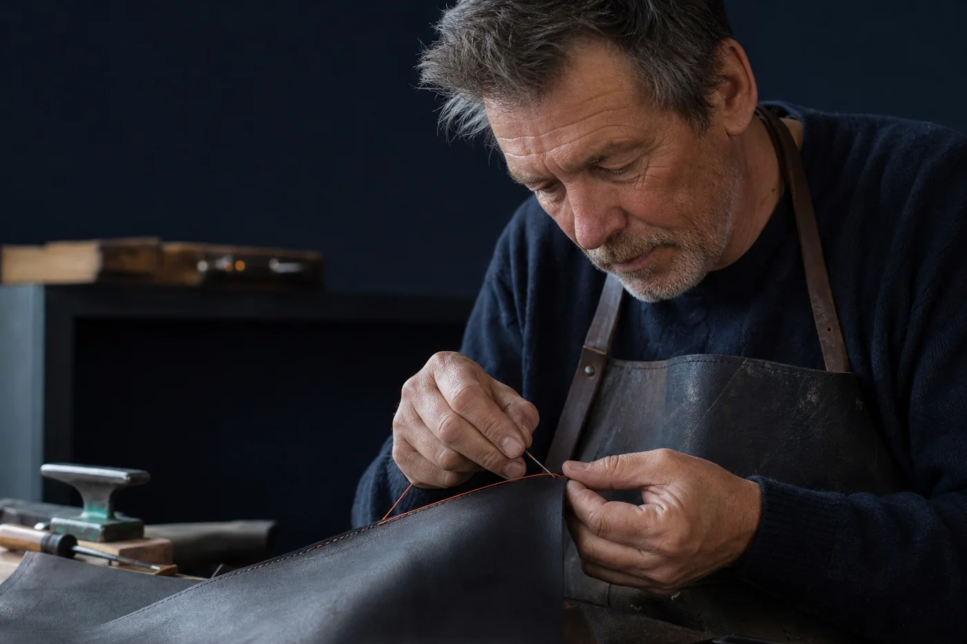 Artisan expérimenté réalisant à la main une couture de précision avec un fil corail