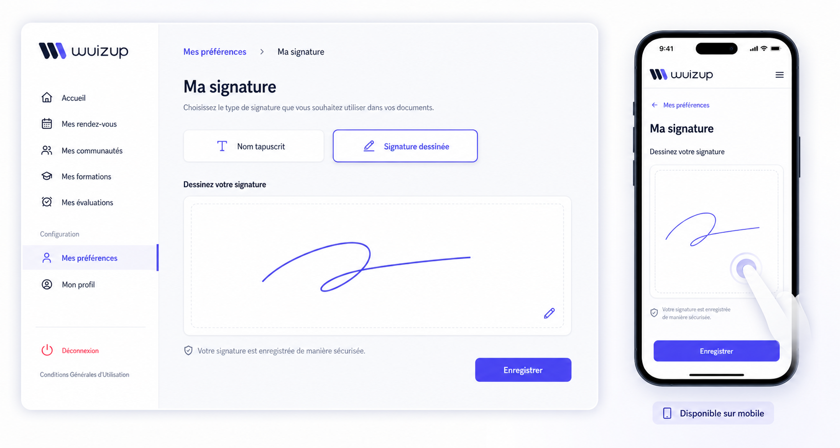 Illustration WuizUp du parcours Mes préférences, Ma signature, disponible sur ordinateur et mobile